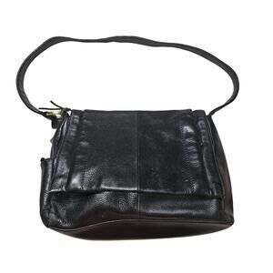 Rolfs Black Leather Shoulder Bag Satchel with Brushed Gold Charm and hang tag.